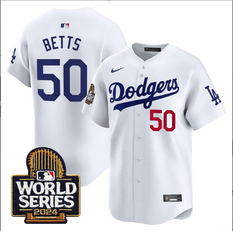 Men MLB Los Angeles Dodgers 50 Betts white 2024 World Series Champions Patch Limited Jersey20241105 style 1